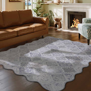 Moroccan Scalloped Rug Gray Soft Washable Low Pile Indoor Doormat
