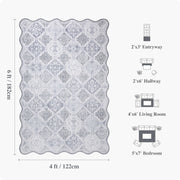 Moroccan Scalloped Rug Gray Soft Washable Low Pile Indoor Doormat