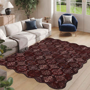 Moroccan Scalloped Rug Soft Brown Red Washable Low-Pile Non-Slip Doormat
