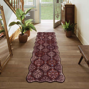 Moroccan Scalloped Rug Soft Brown Red Washable Low-Pile Non-Slip Doormat