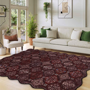 Moroccan Scalloped Rug Soft Brown Red Washable Low-Pile Non-Slip Doormat