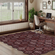 Moroccan Scalloped Rug Soft Brown Red Washable Low-Pile Non-Slip Doormat