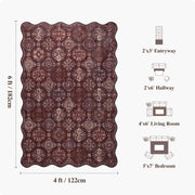Moroccan Scalloped Rug Soft Brown Red Washable Low-Pile Non-Slip Doormat