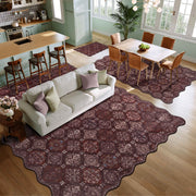 Moroccan Scalloped Rug Soft Brown Red Washable Low-Pile Non-Slip Doormat