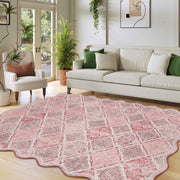 Pink Moroccan Scalloped Area Rug Soft Lightweight Washable Low Pile Carpet