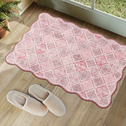 Pink Moroccan Scalloped Area Rug Soft Lightweight Washable Low Pile Carpet