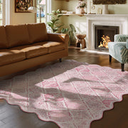 Pink Moroccan Scalloped Area Rug Soft Lightweight Washable Low Pile Carpet