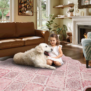 Pink Moroccan Scalloped Area Rug Soft Lightweight Washable Low Pile Carpet