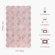 Pink Moroccan Scalloped Area Rug Soft Lightweight Washable Low Pile Carpet
