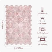 Pink Moroccan Scalloped Area Rug Soft Lightweight Washable Low Pile Carpet