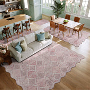 Pink Moroccan Scalloped Area Rug Soft Lightweight Washable Low Pile Carpet