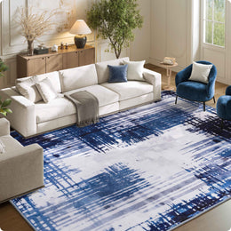 Soft Modern Area Rug Washable Low Pile Blue Pattern Non-Slip Carpet