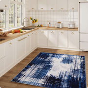 Soft Modern Area Rug Washable Low Pile Blue Pattern Non-Slip Carpet