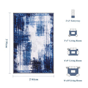Soft Modern Area Rug Washable Low Pile Blue Pattern Non-Slip Carpet