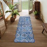 Soft Moroccan Scalloped Rug Navy Blue Washable Low-Pile Non-Slip Carpet