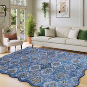 Soft Moroccan Scalloped Rug Navy Blue Washable Low-Pile Non-Slip Carpet
