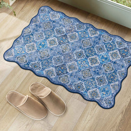 Soft Moroccan Scalloped Rug Navy Blue Washable Low-Pile Non-Slip Carpet