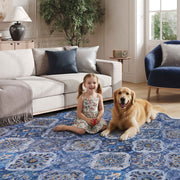 Soft Moroccan Scalloped Rug Navy Blue Washable Low-Pile Non-Slip Carpet