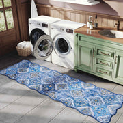 Soft Moroccan Scalloped Rug Navy Blue Washable Low-Pile Non-Slip Carpet