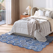 Soft Moroccan Scalloped Rug Navy Blue Washable Low-Pile Non-Slip Carpet