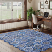 Soft Moroccan Scalloped Rug Navy Blue Washable Low-Pile Non-Slip Carpet