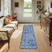 Soft Moroccan Scalloped Rug Navy Blue Washable Low-Pile Non-Slip Carpet