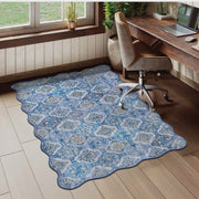 Soft Moroccan Scalloped Rug Navy Blue Washable Low-Pile Non-Slip Carpet