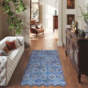 Soft Moroccan Scalloped Rug Navy Blue Washable Low-Pile Non-Slip Carpet