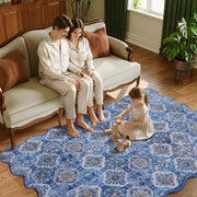 Soft Moroccan Scalloped Rug Navy Blue Washable Low-Pile Non-Slip Carpet