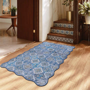 Soft Moroccan Scalloped Rug Navy Blue Washable Low-Pile Non-Slip Carpet