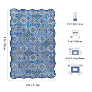 Soft Moroccan Scalloped Rug Navy Blue Washable Low-Pile Non-Slip Carpet