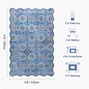 Soft Moroccan Scalloped Rug Navy Blue Washable Low-Pile Non-Slip Carpet