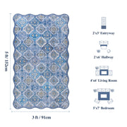 Soft Moroccan Scalloped Rug Navy Blue Washable Low-Pile Non-Slip Carpet