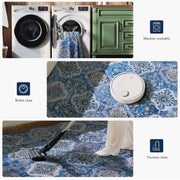 Soft Moroccan Scalloped Rug Navy Blue Washable Low-Pile Non-Slip Carpet