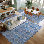Soft Moroccan Scalloped Rug Navy Blue Washable Low-Pile Non-Slip Carpet
