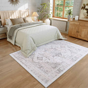 Soft Washable Vintage Rug Light Grey Distressed Non-Slip Stain Resistant Indoor Carpet