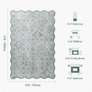 Ultra-Thin Light Green Moroccan Rug Scalloped Soft Washable Indoor Carpet