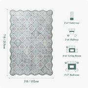 Ultra-Thin Light Green Moroccan Rug Scalloped Soft Washable Indoor Carpet