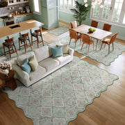 Ultra-Thin Light Green Moroccan Rug Scalloped Soft Washable Indoor Carpet