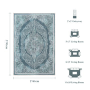 Vintage Rug Green Washable Area Rug Non-Slip Backing Durable Low Pile Mat