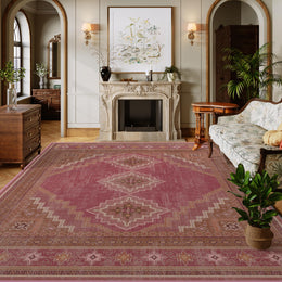 Vintage Washable Soft & Stain Resistant Area Rug Carpets Pink Red