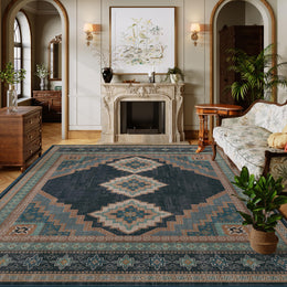 Vintage Washable Soft & Stain Resistant Area Rug Carpets Navy Green