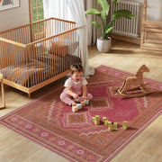 Vintage Washable Soft & Stain Resistant Area Rug Carpets Pink Red