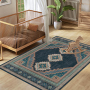 Vintage Washable Soft & Stain Resistant Area Rug Carpets Navy Green