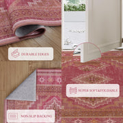 Vintage Washable Soft & Stain Resistant Area Rug Carpets Pink Red