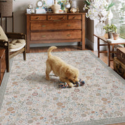 Floral Soft & Stain Resistant Non-Slip Vintage Washable Area Rug Indoor Beige Gray